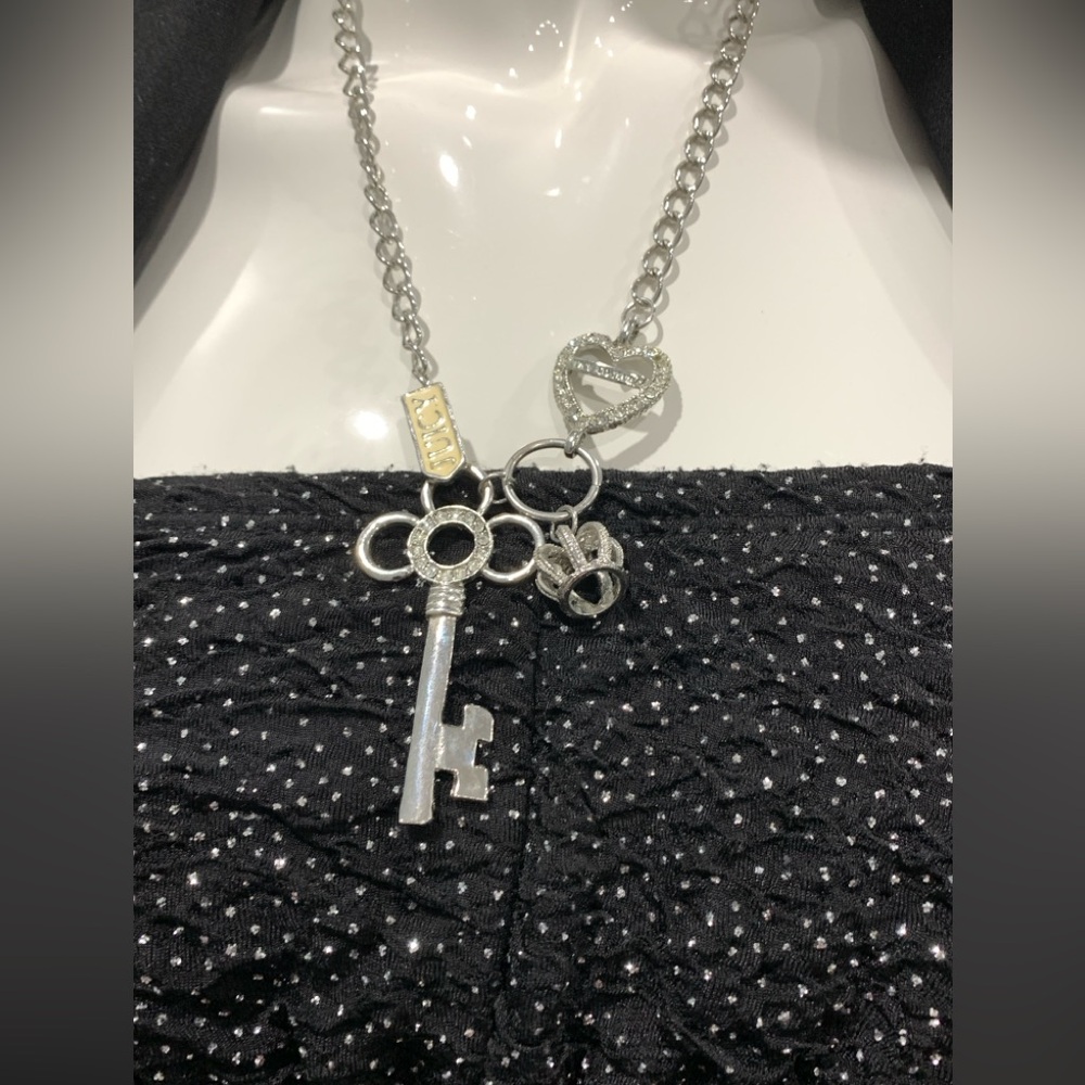 Silver Charm Necklace Key Heart Crown Crystal